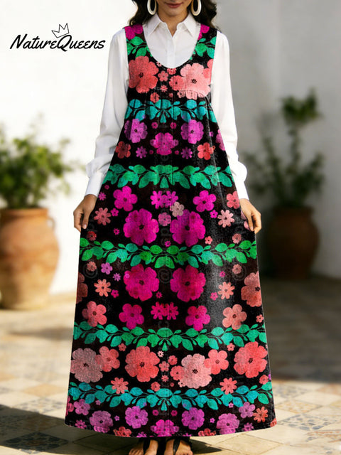 Women's Retro Colorful Flowers Pattern Art Print Casual Cotton Denim Dress