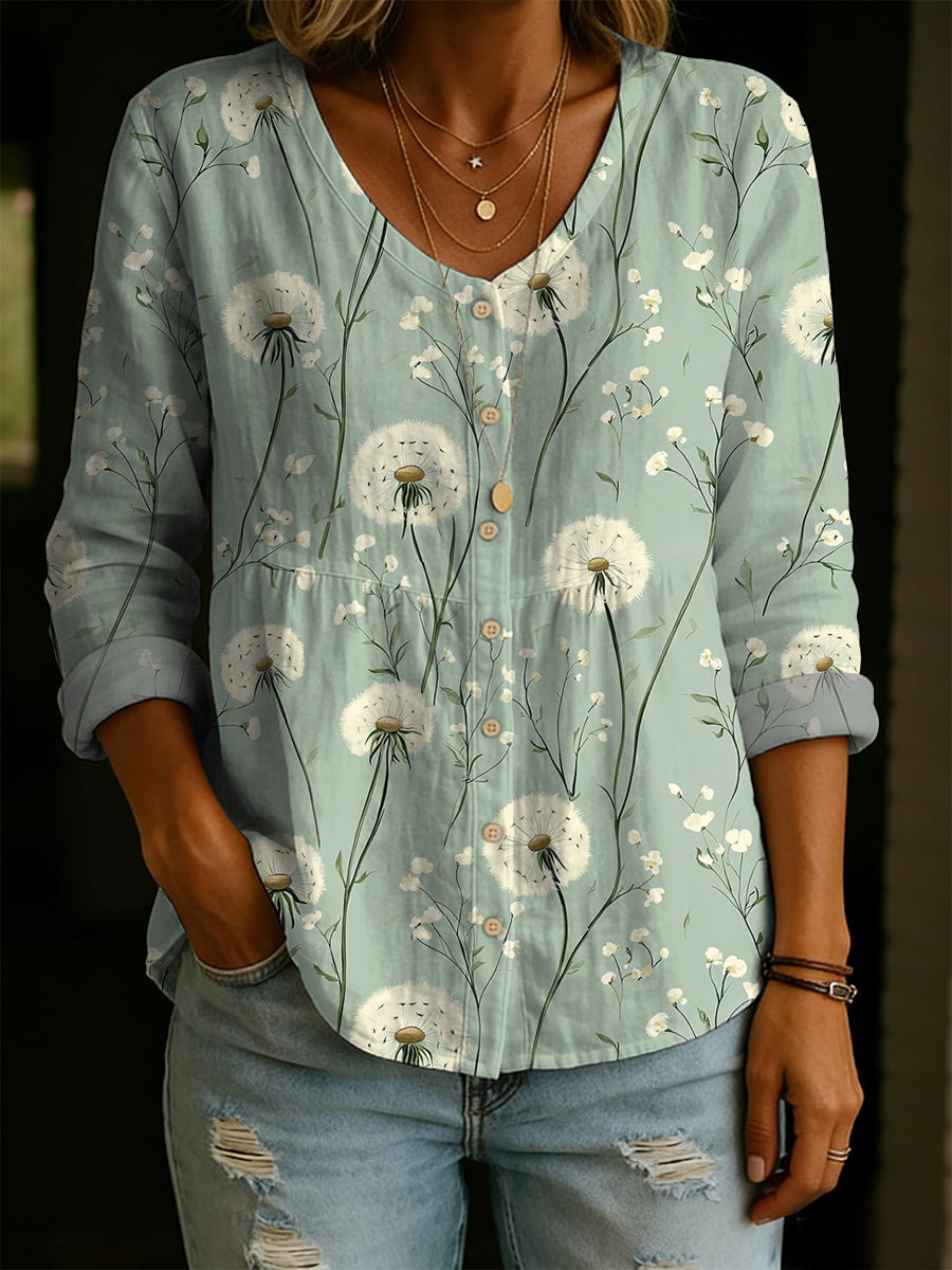 Women's Dandelion Decorative Pattern Linen And Cotton Shirt
