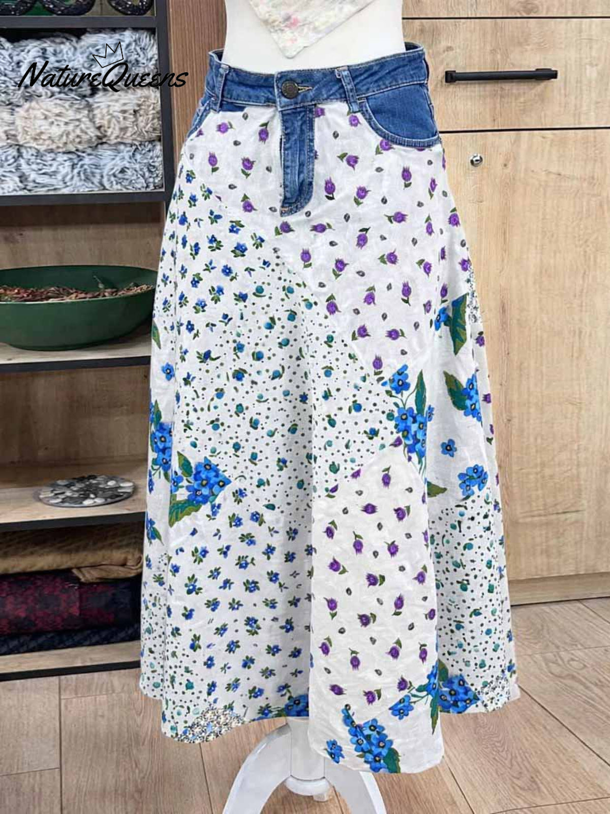Women's High-waisted Loose-fitting Denim Patchwork Printed Skirt