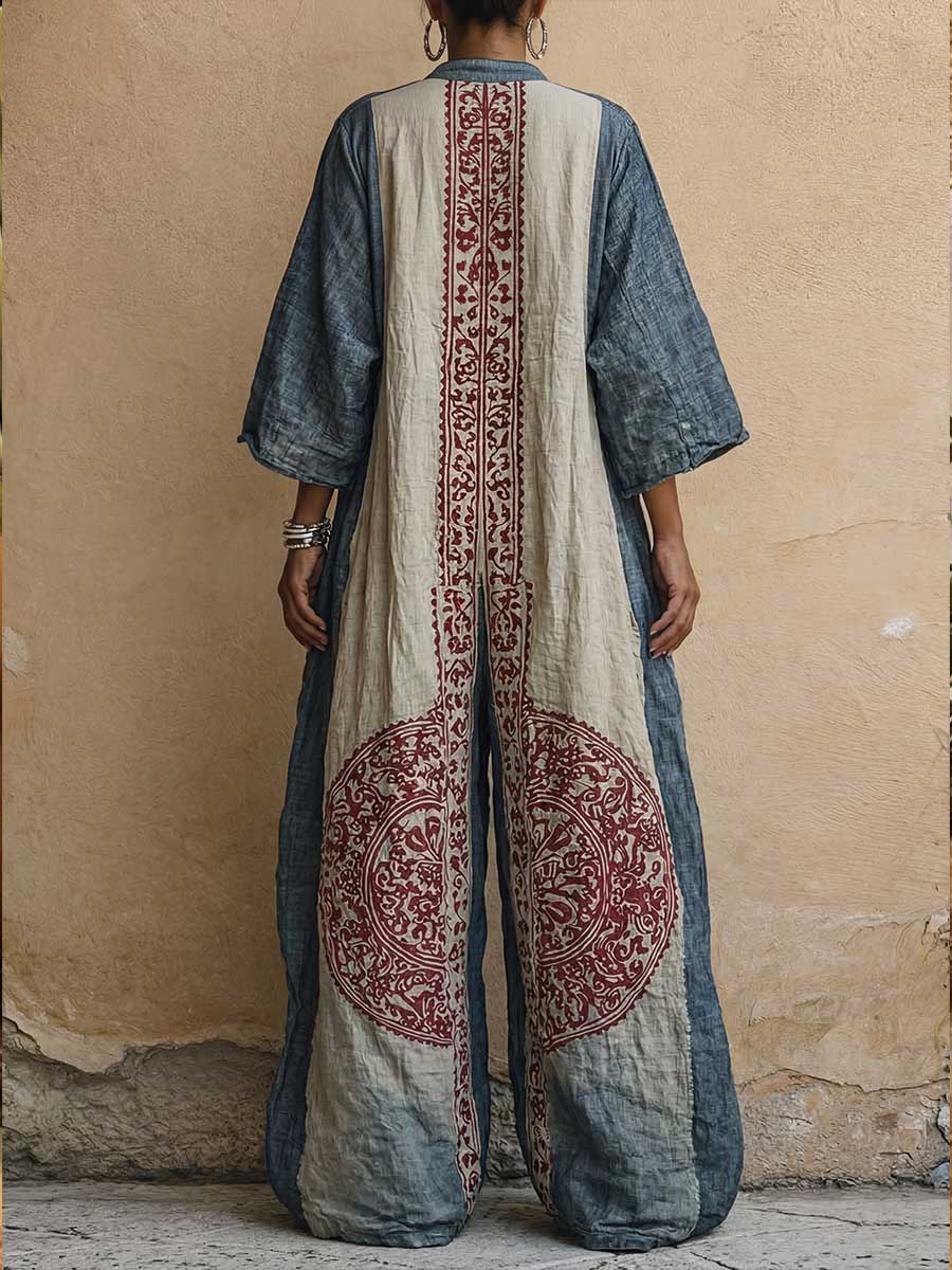 Women's Vintage Print V-neck 3/4-sleeve Cotton-linen Jumpsuit