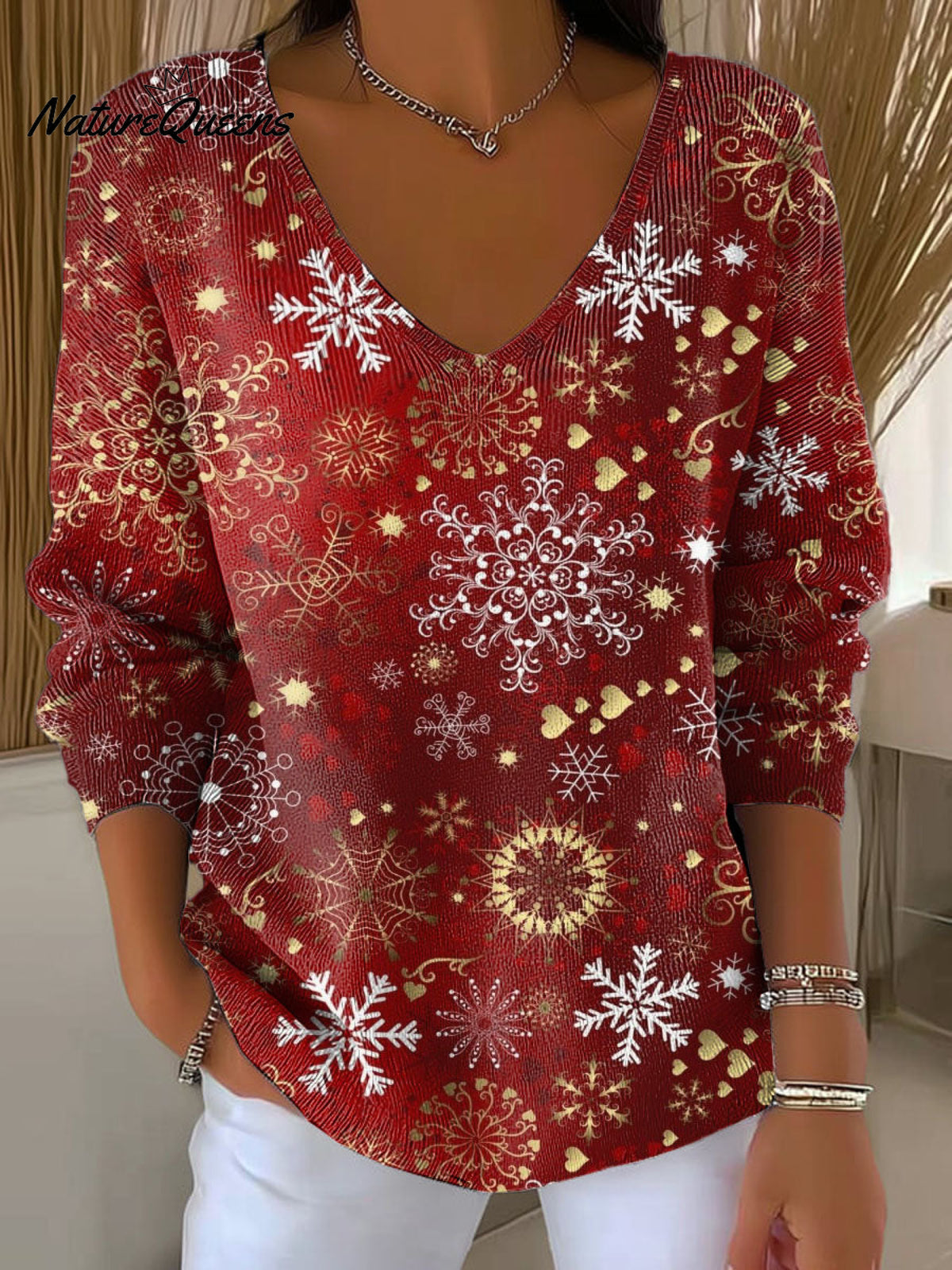 Women's Winter Festive Christmas Snowflake Decorations Casual V Collar Long Sleeve Sweater