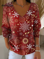 Women's Winter Festive Christmas Snowflake Decorations Casual V Collar Long Sleeve Sweater