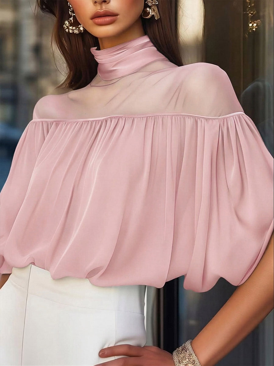 Women's Solid-color Stand-collar 3/4-sleeve Casual Loose Chiffon Top