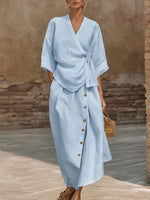 Casual Tie-front Shirt & Skirt Cotton Linen Two-piece Set