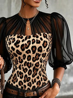 Leopard Print Sheer Mesh Puff Sleeve Keyhole Neck Top