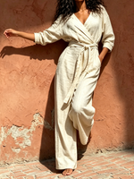 Mono de mujer de algodón y lino, elegante, con escote en V, estilo casual, con cinturón y pantalón largo ancho de estilo bohemio.