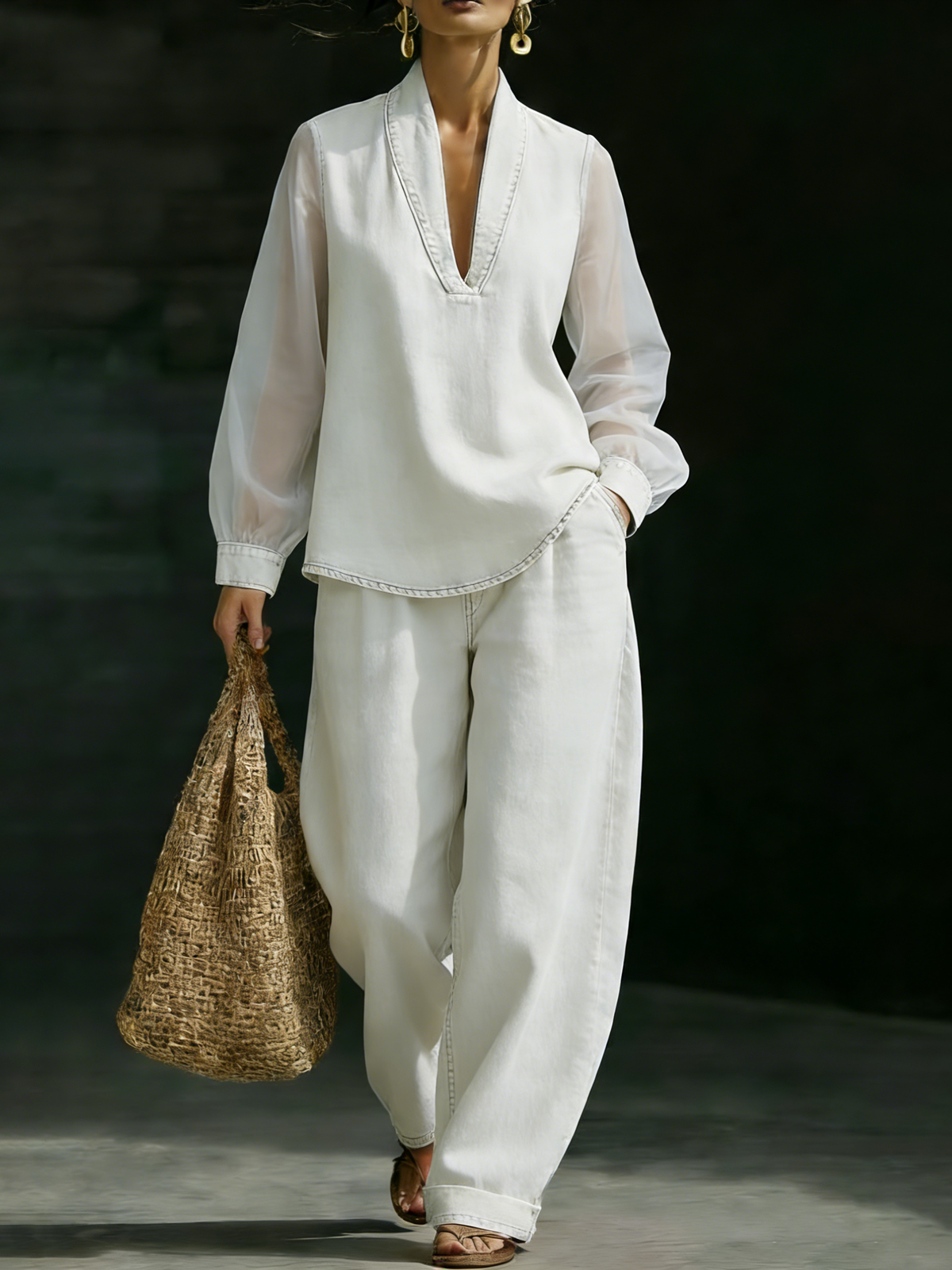 Elegant Stylish Mesh Sleeves Top Denim Two-piece Set