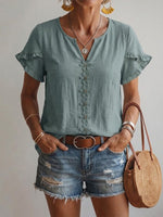 Floral-embroidered V-neck Casual Shirt With Ruffled Short Sleeves