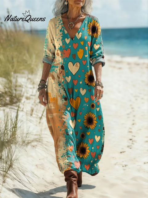 Women‘s Love Floral Pattern Art Print Casual Cotton Dress