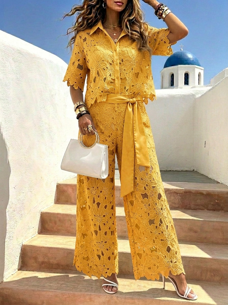 Women‘s Solid-color Cut-out Cardigan Top And Wide-leg Pants Two-piece Set For Women