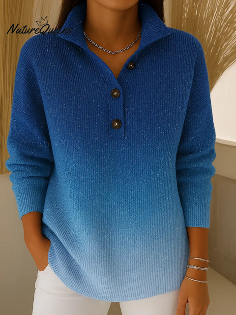 Women's Gradient Print Collared Long Sleeve Casual Loose Sequined Knit Cardigan