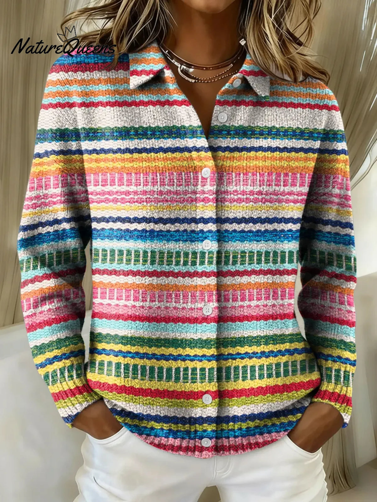 Women's Abstract Colorful Stripes Printed Collared Sweater