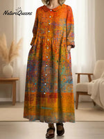 Women's Pleated VintageArt Print Doll Collar Casual Long-sleeved Dress