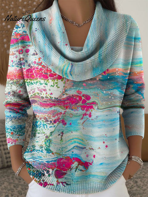 Women's Color Gradient Pattern Art  Print Cowl Neck Sweater