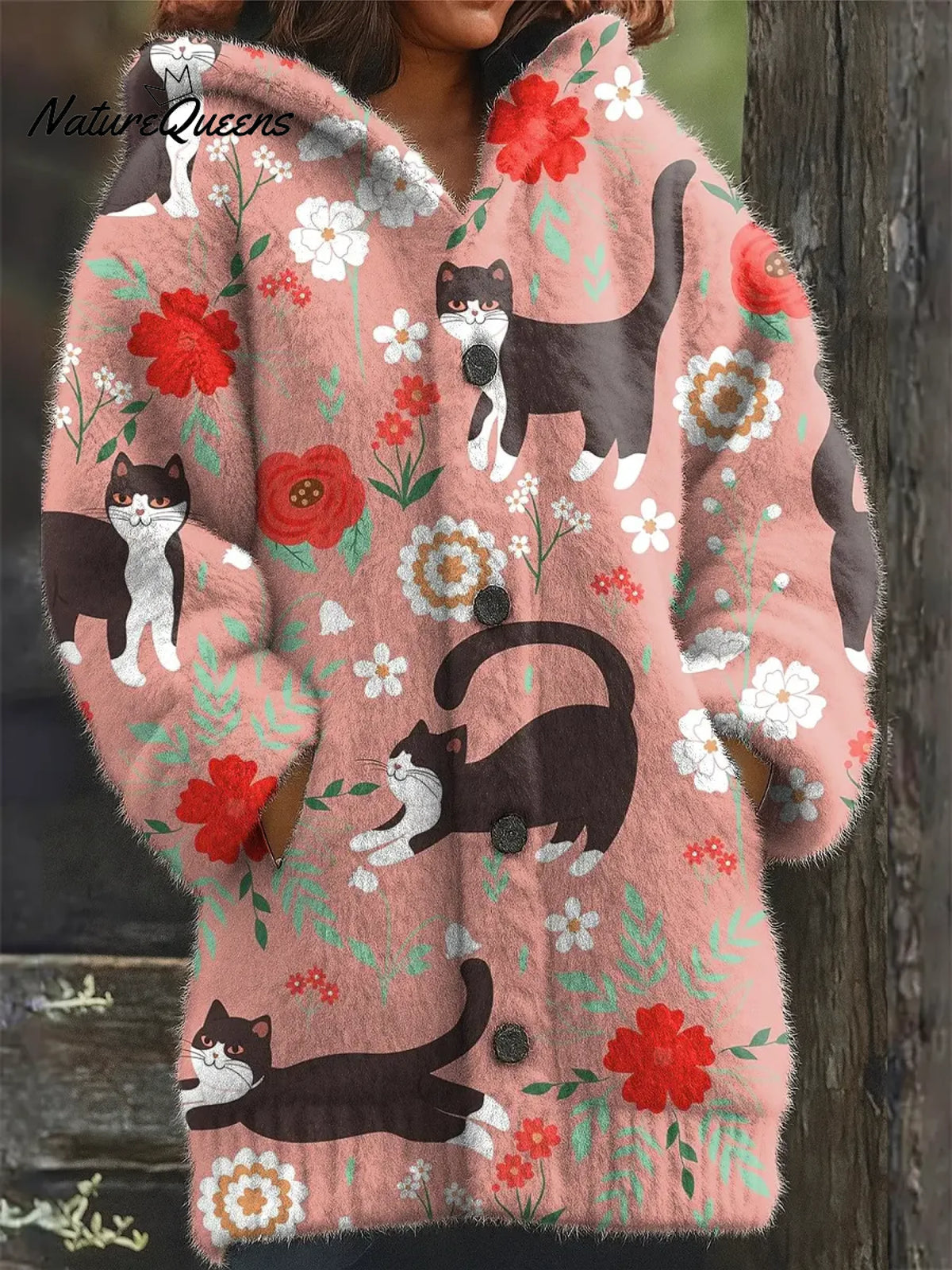 Women's Funny Cats Floral Pattern Art Print Casual Fleece Coat