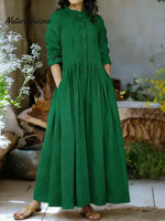 Women's Solid Color Stand-collar Long-sleeved Loose-fitting A-line Cotton Dress