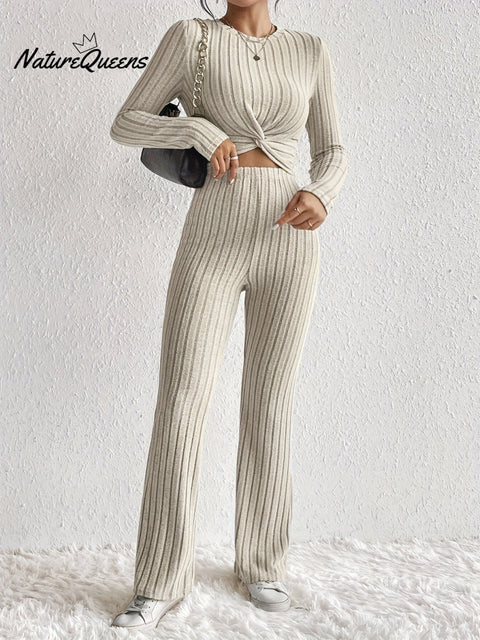 Women's Solid Color Two-piece Set Long-sleeved Top Slim-fit Pants