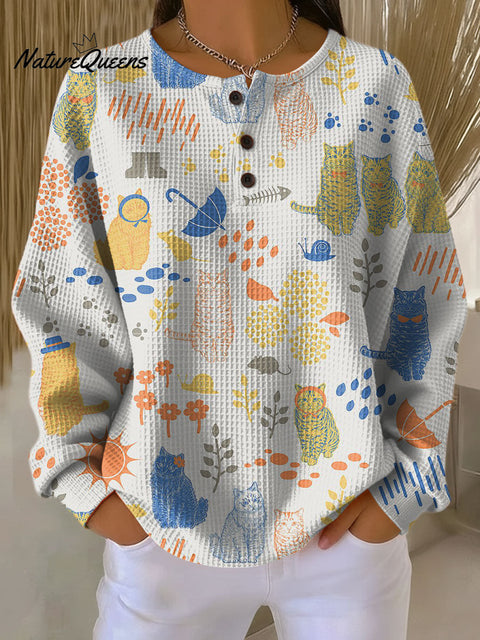 Women's  Geometry Cat Pattern Art Print Casual Cotton Shirt