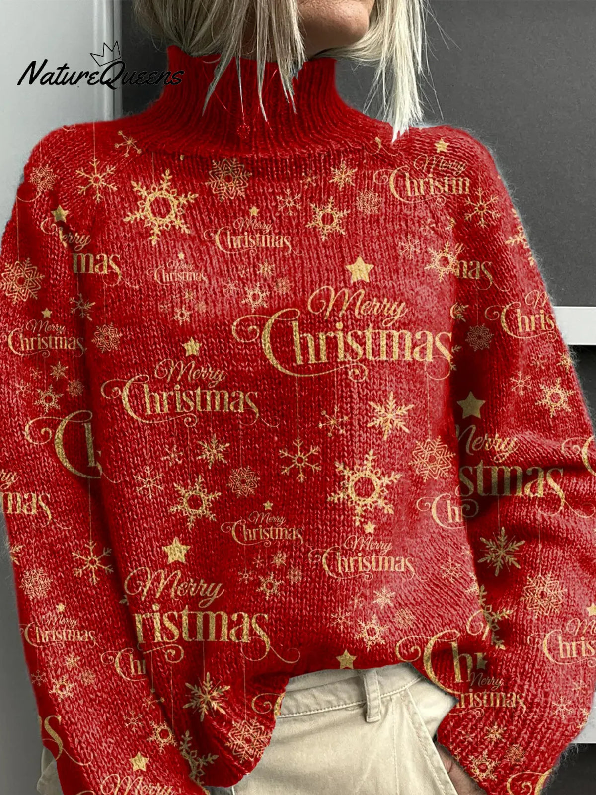 Women's Christmas Pattern Art Print Casual Turtleneck Sweater