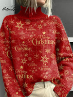 Women's Christmas Pattern Art Print Casual Turtleneck Sweater