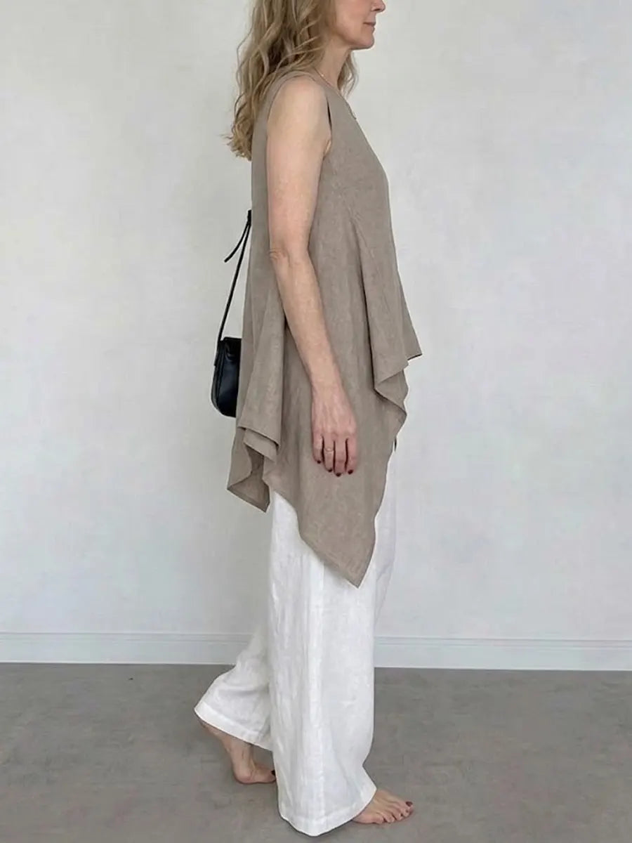 Women's Minimalist Sleeveless Irregular Cut Top With Wide-leg Pants Cotton-linen Set