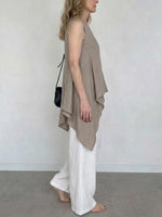 Women's Minimalist Sleeveless Irregular Cut Top With Wide-leg Pants Cotton-linen Set