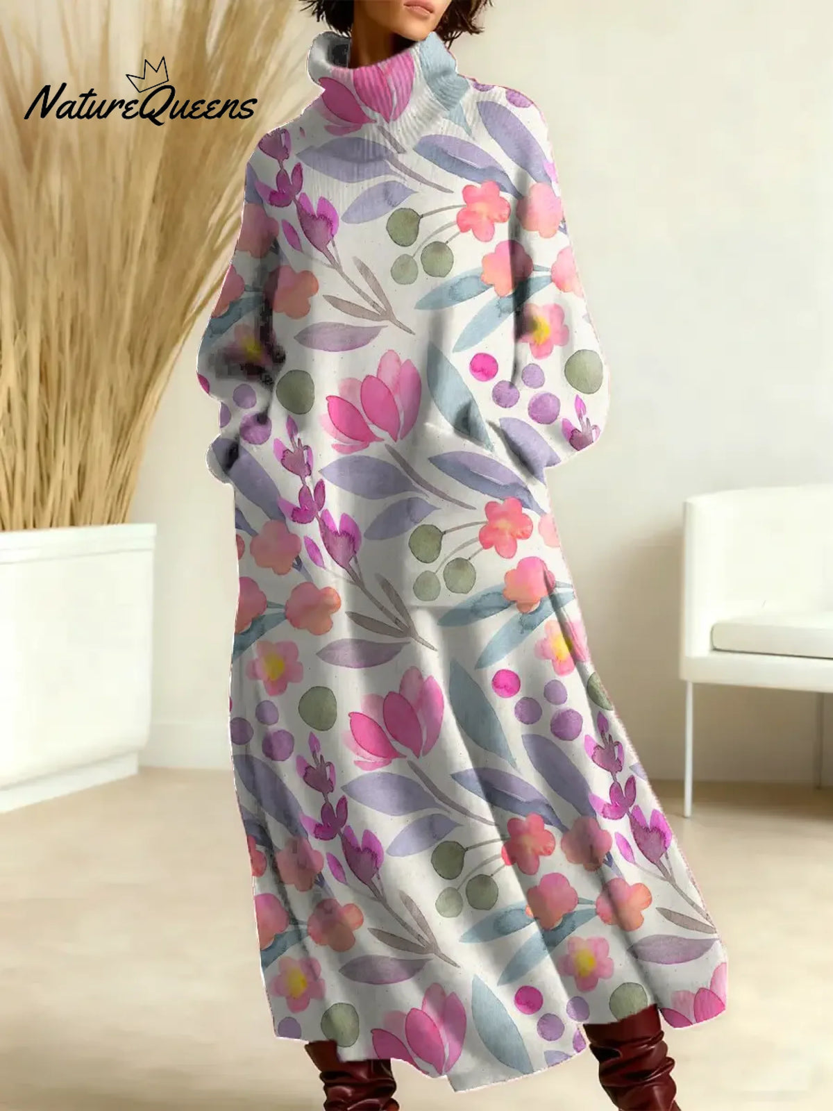 Women's Floral Pattern Art Print Casual Cotton Knitted Dress