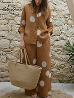 Artistic Polka Dot Print Linen Shirt And Pants Two-piece Set