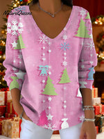 Women's Christmas Trees Snowflake Pattern Art Print V-neck Solid Color Loose Shiny Sweater