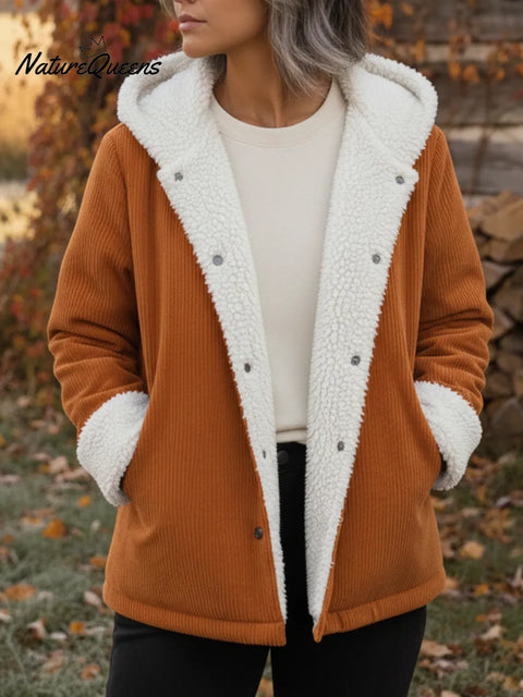 Casual Sherpa Corduroy Button-Down Hooded Jacket