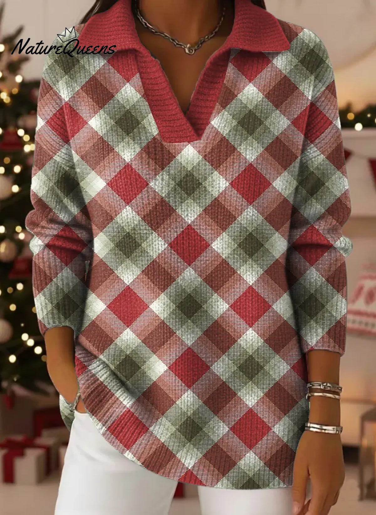 Christmas Plaid Print Lapel Casual Knit Sweater