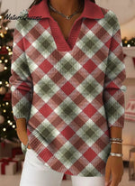 Christmas Plaid Print Lapel Casual Knit Sweater