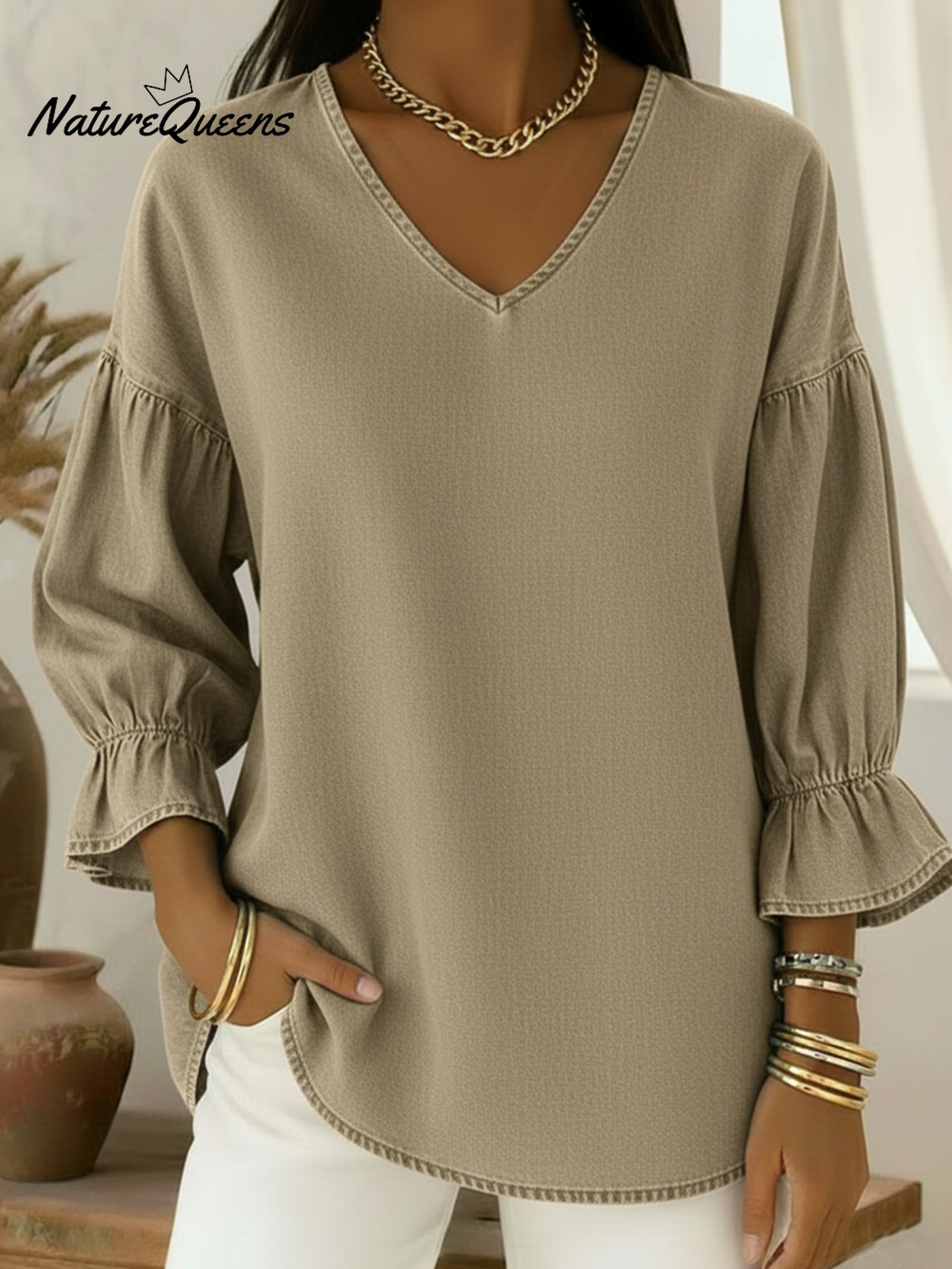 Casual V-neck Denim Shirt Top