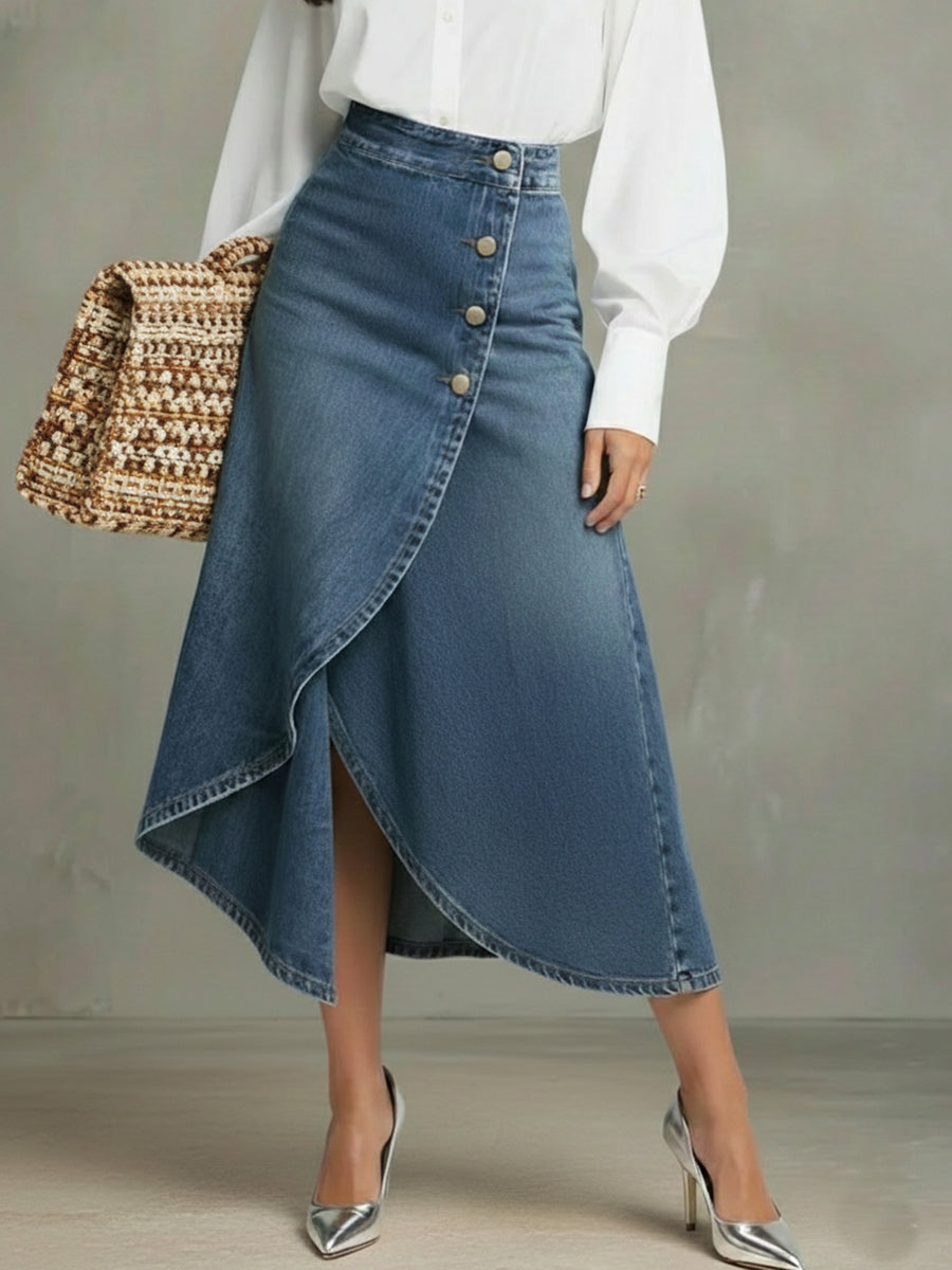 Elegant Wrap-around Irregular Hem Denim Skirt