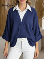 Women's Long-sleeved Casual Loose Shirt With Contrasting Color Splicing And A Faux Two-piece Design.