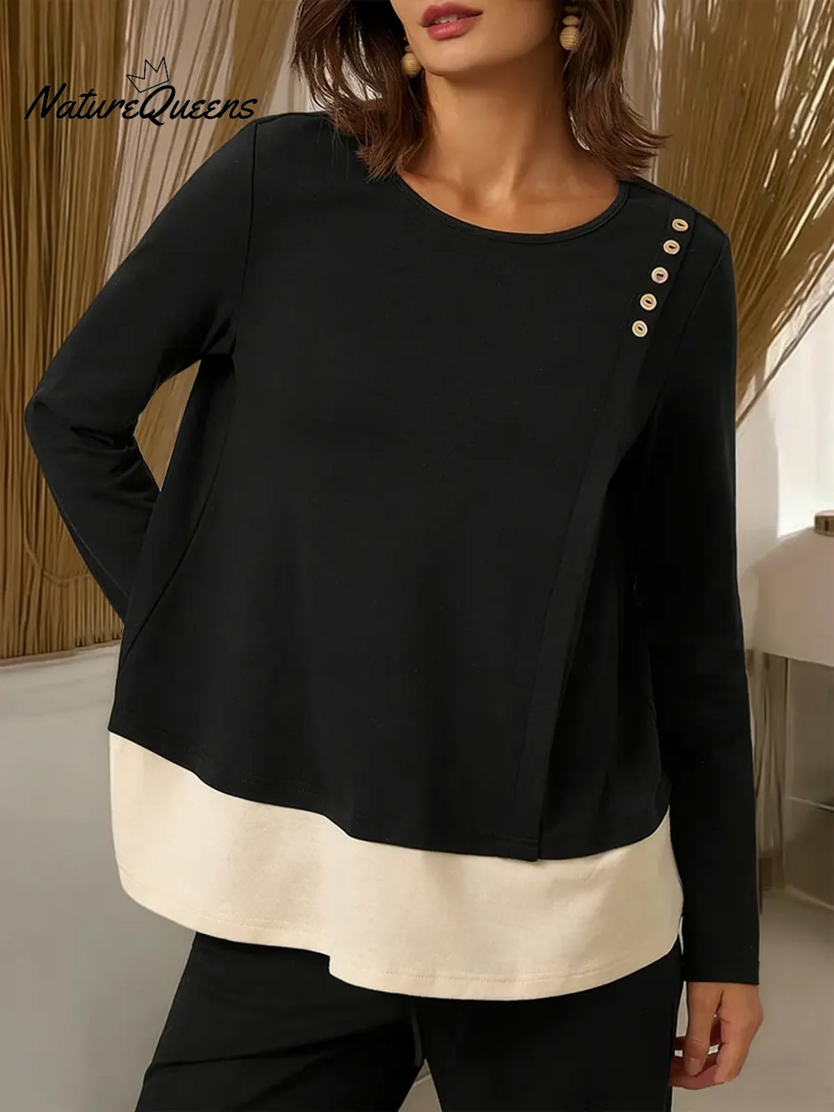 Women's Crew Neck Long Sleeve Casual Loose Color Block Sweatshirt