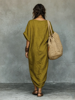 Casual Boat-neck Pleated Cotton-linen Dress