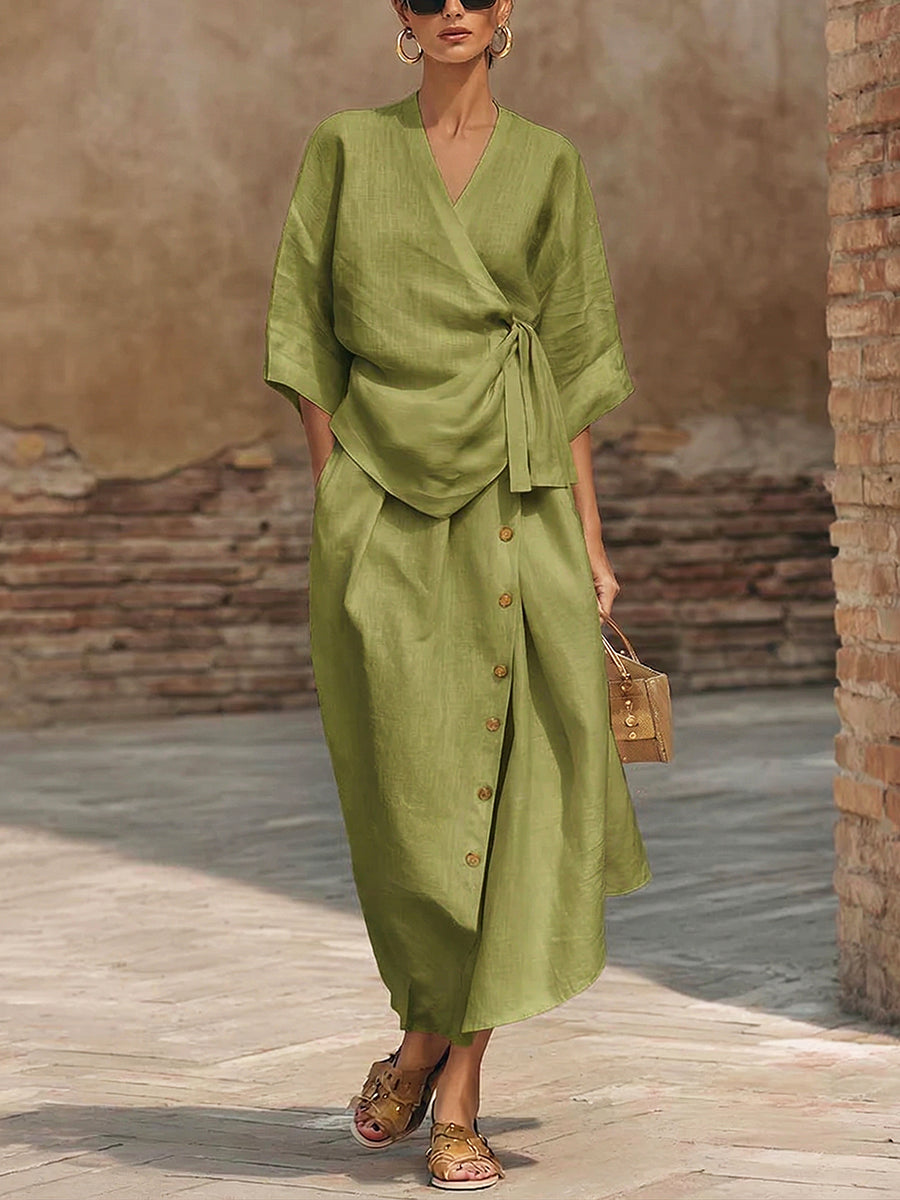 Casual Tie-front Shirt & Skirt Cotton Linen Two-piece Set