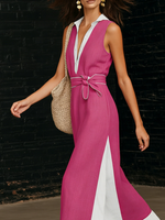 Retro Color-blocked Lapel Maxi Dress With Belt