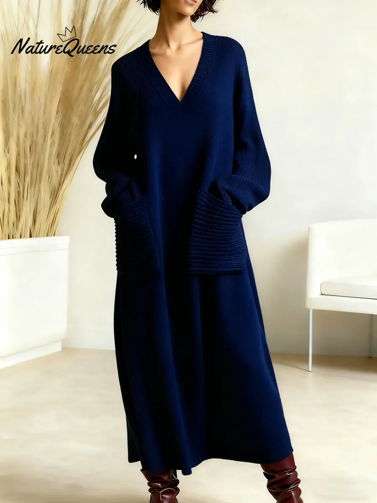 Women's Solid Color V-neck Long Sleeve Casual Pocket Loose Knit Dress