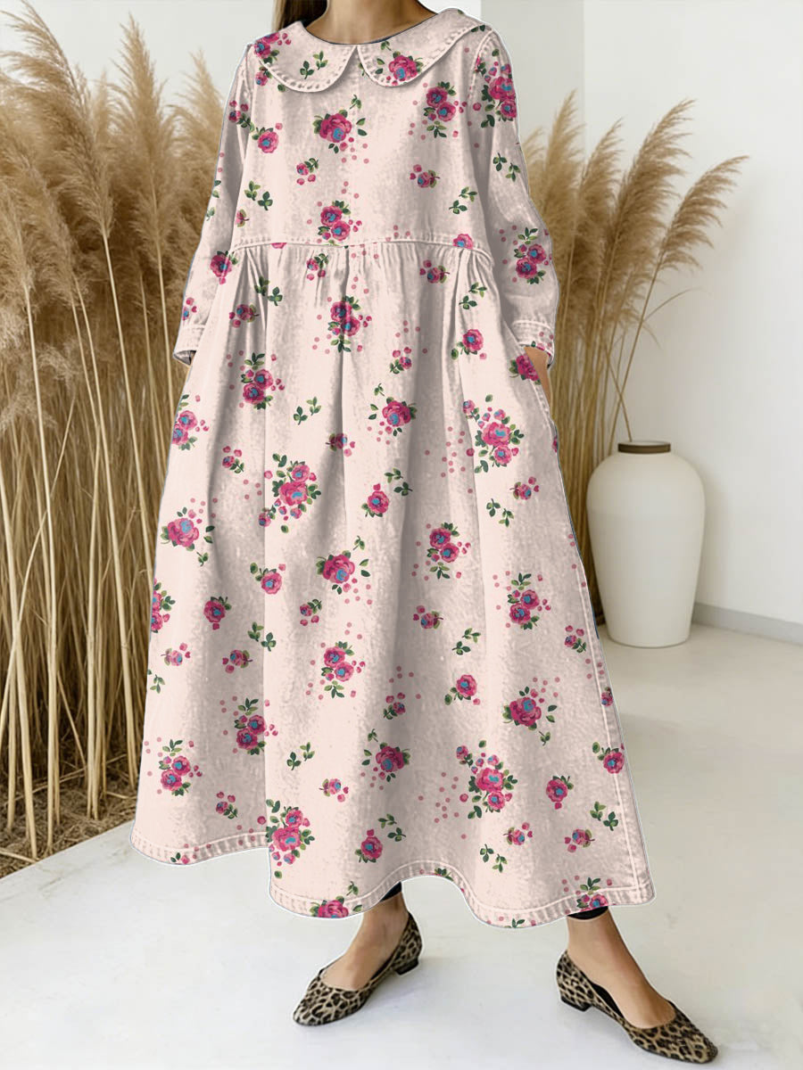 Women's Floral Art Print Peter Pan Collar Long-sleeved Loose Casual Denim Dress