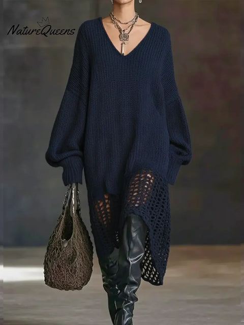 Women's V-neck Sweater Dress With Openwork Hem