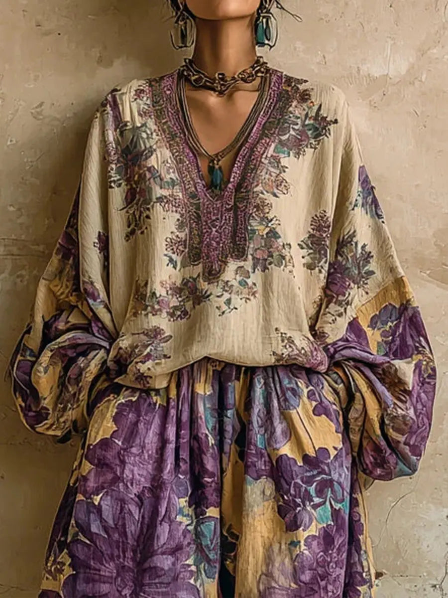 Women's Casual Floral Print Linen And Cotton Top And Pants Two-piece Set