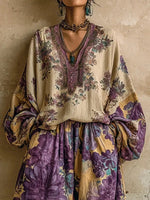 Women's Casual Floral Print Linen And Cotton Top And Pants Two-piece Set