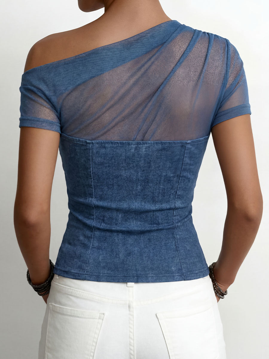 Women's Off-shoulder Short-sleeve Top — Casual Loose-fit Faux-denim Stretch Fabric