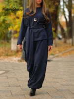 Women's Solid Color Crew Neck Long Sleeve Casual Loose Sweatshirt With Elastic Waist And Wide Leg Pants Set