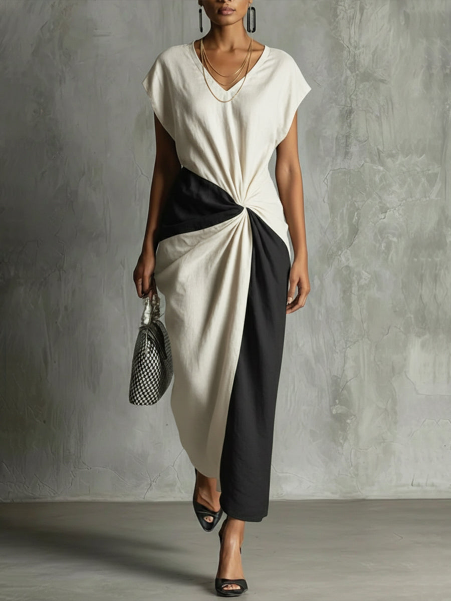 Comfortable V-neck Color-block Spliced dress