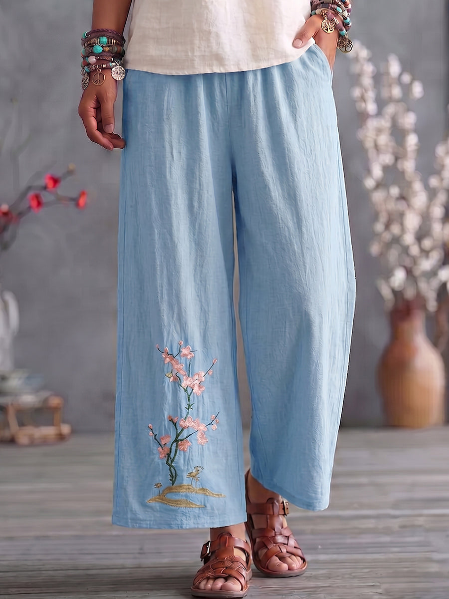 Cozy Floral-embroidered Cotton-linen Straight-leg Cropped Pants