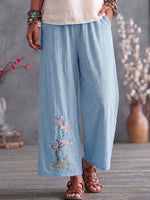 Cozy Floral-embroidered Cotton-linen Straight-leg Cropped Pants