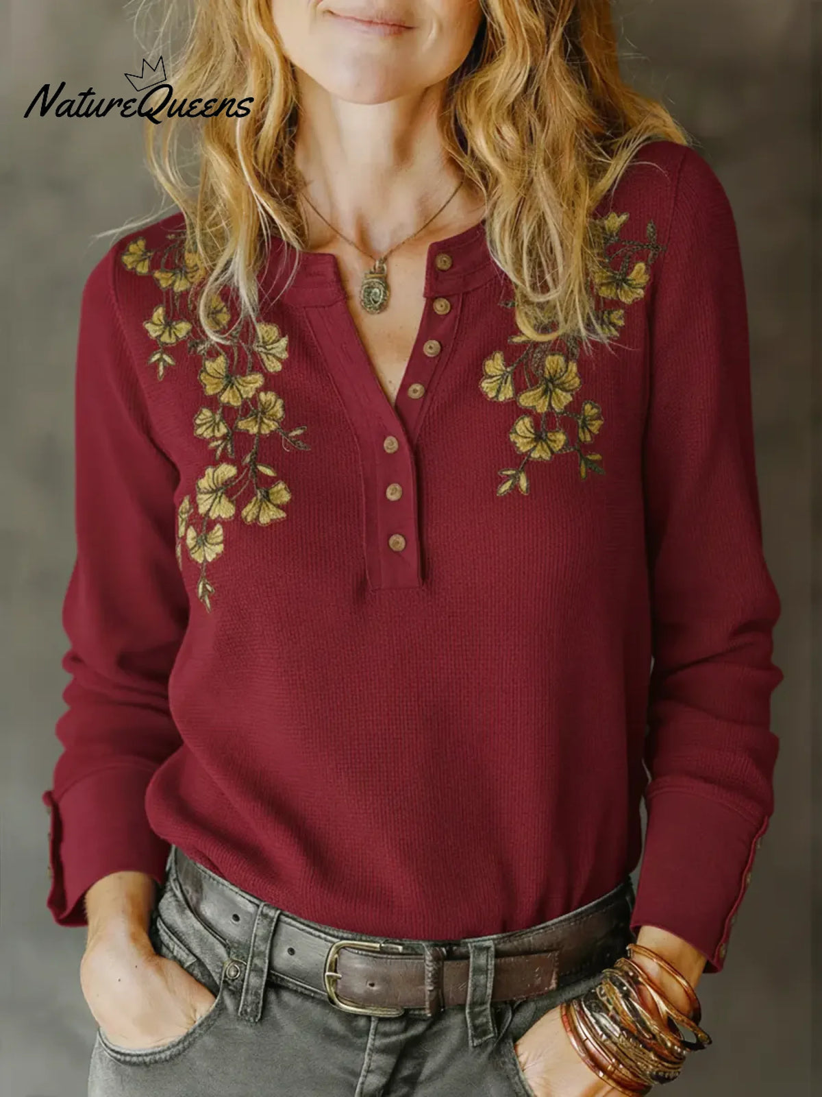 Women's Floral Print Waffle-knit Cotton Henley Top